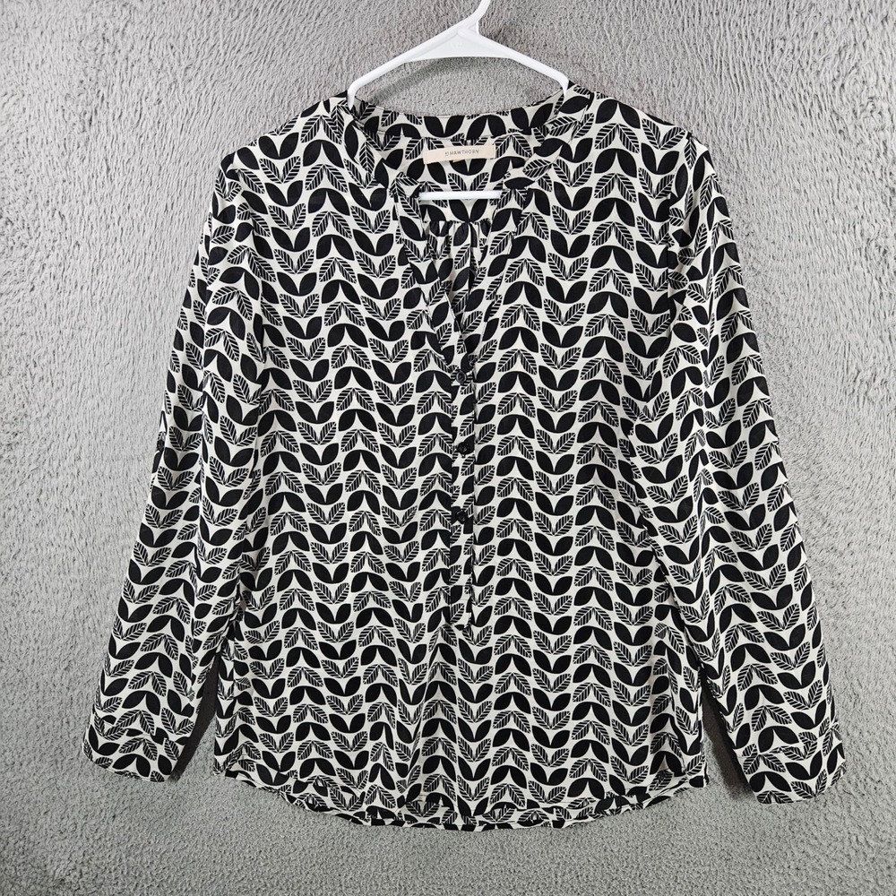 41 Hawthorn Women Small Black White Leaf Print Split Neck Button Blouse